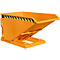 Orange tipping skip with black and yellow warning stripes. The skip is raised.