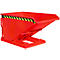 Red tipping skip with yellow and black warning markings, standing on a red base.