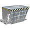 Gray metal container with slanted sides, decorated with a yellow and black warning stripe.