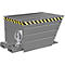 Gray steel container with a black and yellow warning stripe. Suspension with cable pull.