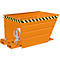 Orange tipping skip with a black and yellow warning marking on the upper edge. Chains and other details are attached to the container.