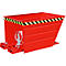 Red stacking container with black and yellow warning markings.