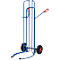 Blue hand truck with two wheels and red handle against a white background.
