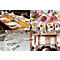 Vier Bilder: gedeckter Tisch, Food-Arrangement, Tisch mit Besteck und Gläsern, Innenraum einer Feier.