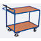 Tischwagen, Stahl/MDF-Platte, Enzianblau/Buche-Dekor, 2 Etagen, L 985 x B 605 mm, Rohrschiebegriff, TPE-Rollen mit Totmannbremse, bis 250 kg