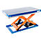 Lifting platform with blue top, orange scissor system and blue frame. Inscription 'MAX 1000 KG'.