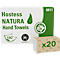 Toallas de papel Hostess Natura. Impresión con logo, motivo de hoja y la indicación "180". Al lado, un paquete más pequeño con "x20".