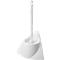 White toilet brush with holder. The brush with a long handle is in a triangular holder.