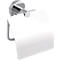 Chrome toilet paper holder with smooth, rounded cover. On a white background.