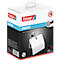 Product packaging of Tesa Smooz, chrome toilet paper holder with white cover.