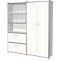 White office furniture with shelves, cabinet doors, and drawers. Metal frame.