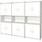 Three-part white cabinet with doors and open shelves. Cabinet has silver frames and handles.