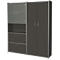 A gray office cabinet with sliding doors, drawers, and shelves. The left door is glass, the right one is opaque.