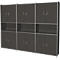 Dark gray cabinet with doors and open compartments, silver frames and handles.