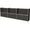 Three-part, dark gray bookcase with open shelves above and drawers below. Silver-colored frames.