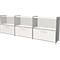 Three-part white dresser with drawers and open shelves, silver frames. Modern design.