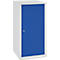 White cabinet with blue door and lock.