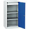 White steel cabinet with open blue door, shelves and drawer.