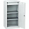 White steel cabinet, door open, three shelves, top drawer. Grey shelves.