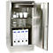 Stainless steel cabinet, door open. Inside: cups, glasses, sugar dispenser, binders. Shelves.