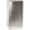 Stainless steel cabinet with door and keyhole. The cabinet stands on a base.