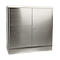 Stainless steel cabinet with two doors and lock, against white background.