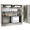 An open stainless steel cabinet with shelves. Inside: cups, cookies, file folders and spices.