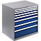 Grey tool cabinet with seven blue drawers and silver handles.
