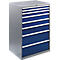 Gray tool cabinet with seven drawers, characterized by blue fronts and silver handles.
