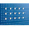 Blue perforated plate with hooks. The hooks are evenly spaced and silver in color.