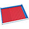 A red drawer insert with vertical compartments in a blue frame.