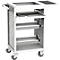 White serving cart with wheels, drawers and shelves.
