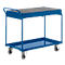 Blue utility cart with two levels, perforated shelf on top. Four gray wheels, white background.