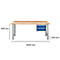 Werkbank met houten blad, grijze poten en blauwe lades. Afmetingen: 2000x840x700 mm.