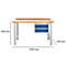 Werkbank met houten blad, metalen poten en blauwe lades, afmetingen: 1500x700x835 mm.
