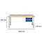 Werkbank met houten blad, metalen poten en twee blauwe lades. Afmetingen: 2000 mm x 840 mm x 700 mm.