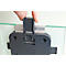 Close-up of a hand attaching a gray plastic closure to a glass picture. In detail, the bracket is being mounted.