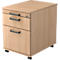 Beige mobile pedestal with three drawers and black handles, standing on castors.