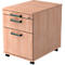 Light brown, rolling office cabinet with two drawers and a lock.