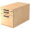 Light brown, rectangular mobile pedestal with three drawers, silver handles, and a lock.