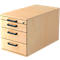 Light brown wooden mobile pedestal with three drawers, black handles and lock.