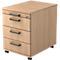 Beige wooden pedestal with three drawers and castors.