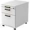 White rolling cabinet with three drawers. Black handles and castors.