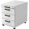 White, three-drawer rolling file cabinet. Beige handles with dark stripes. Black wheels.