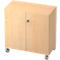 Small, light brown cabinet on wheels with two doors and a small lock.