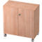 Light brown cabinet with two doors, silver handle and wheels.