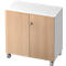 A compact, light brown wooden cabinet with two doors stands on casters, a silver handle.