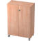 A light brown cabinet with two doors, a knob and castors. It stands on light grey castors.