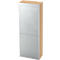 Wooden cabinet with silver slat doors.