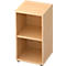 Beige wooden shelf with two compartments, on rollers.